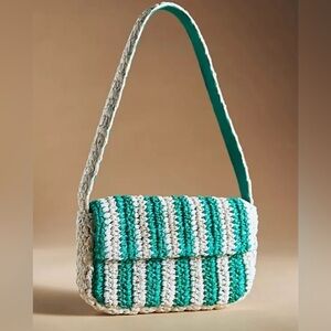 Anthropologie Teal & Cream Crochet Shoulder Bag